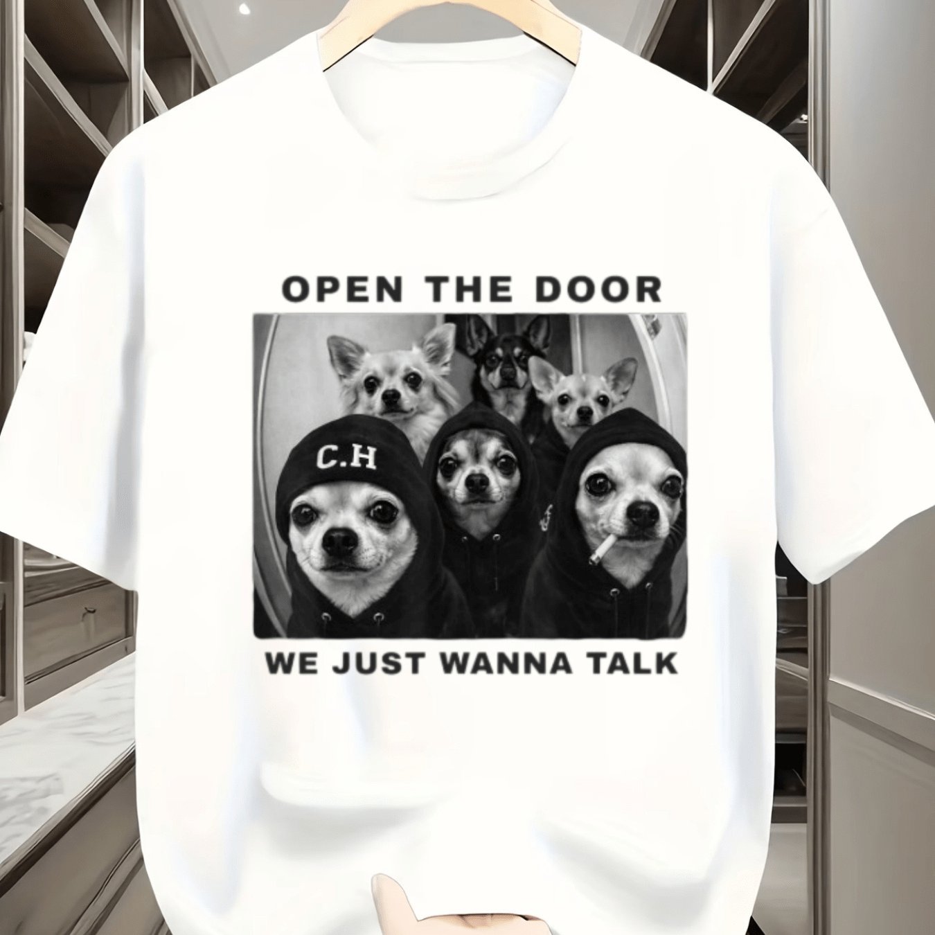 TEMU Style We Talk Chihuahua Print Short-sleeved T-shirt Chihuahua Theme Versatile Black Solid Color Top Youth Student Personalized Trendy Casual