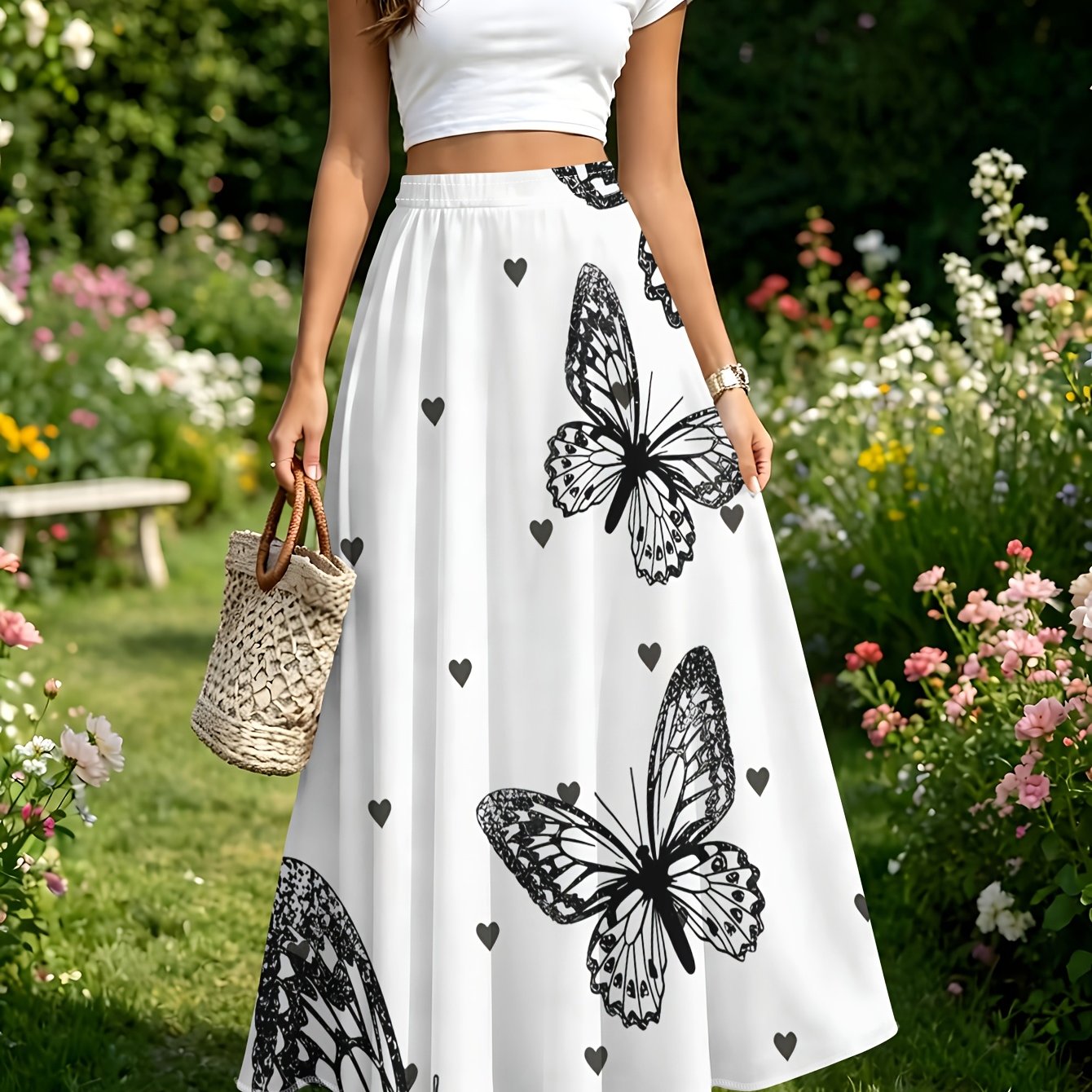 TEMU White Heart Print Midi Skirt, Summer Casual