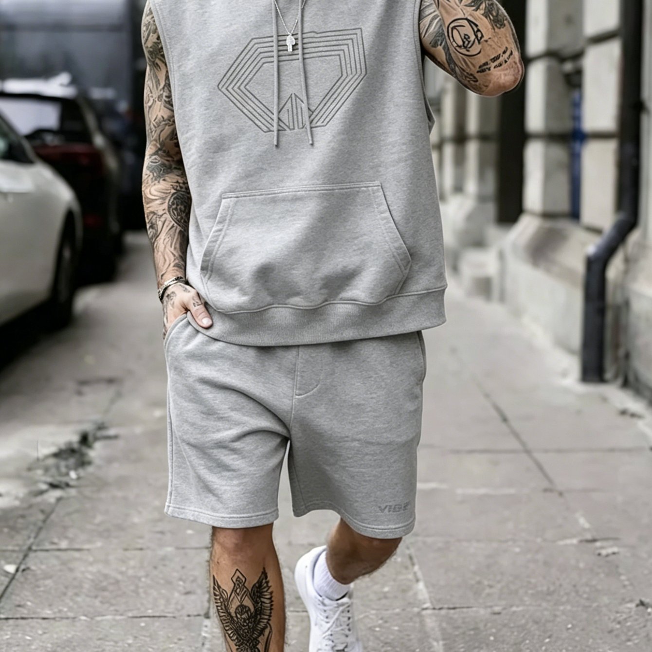 Image of Men's Summer Polyester Sleeveless Hoodie Set Casual Sports Printed Vest And Shorts 2pcs Outfit