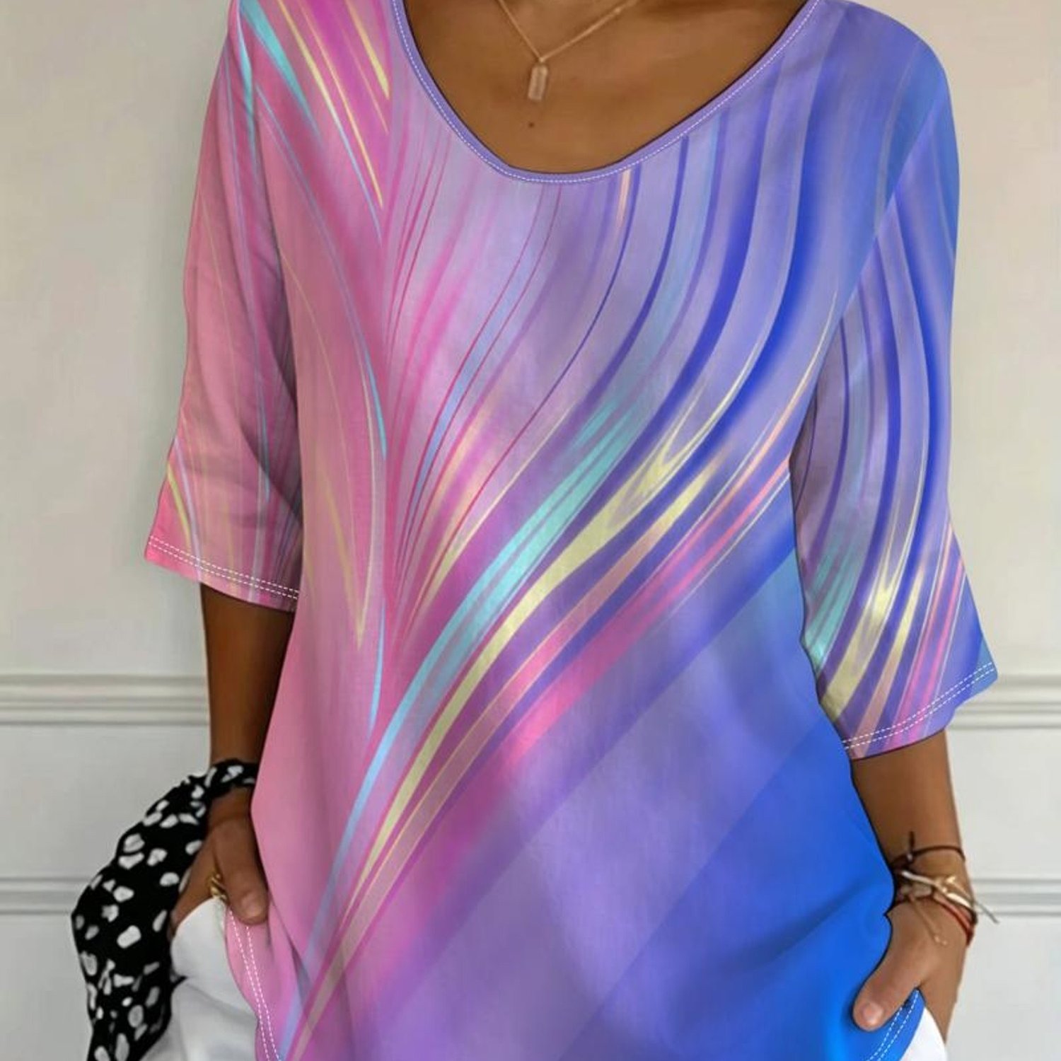 TEMU Plus Size, New Summer 2026 Plus Size Women's V-neck Three-quarter Sleeve T-shirt, Loose Fit Versatile Base Layer, Polyester Material, Multiple