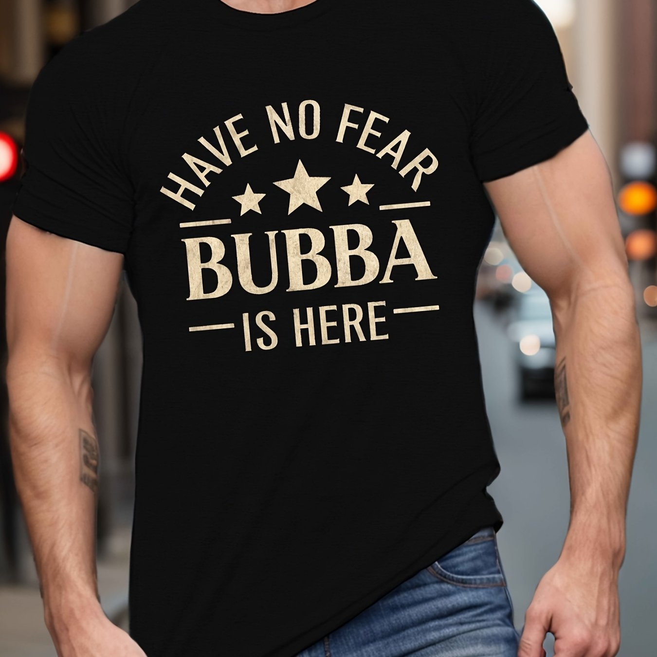 TEMU Men's Plus Size Big & Tall "have Bubba Is Here" Graphic T-shirt - White & Golden Retro Print, Comfortable Round Neck Short Sleeve, Machine