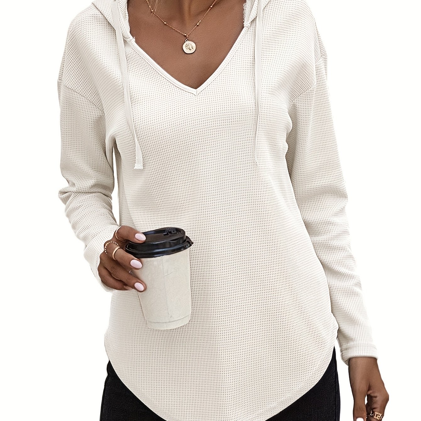 TEMU Hanky Hem V Neck Hoodie, Casual Long Sleeve Drawstring Hooded Sweatshirt, Women's Clothing