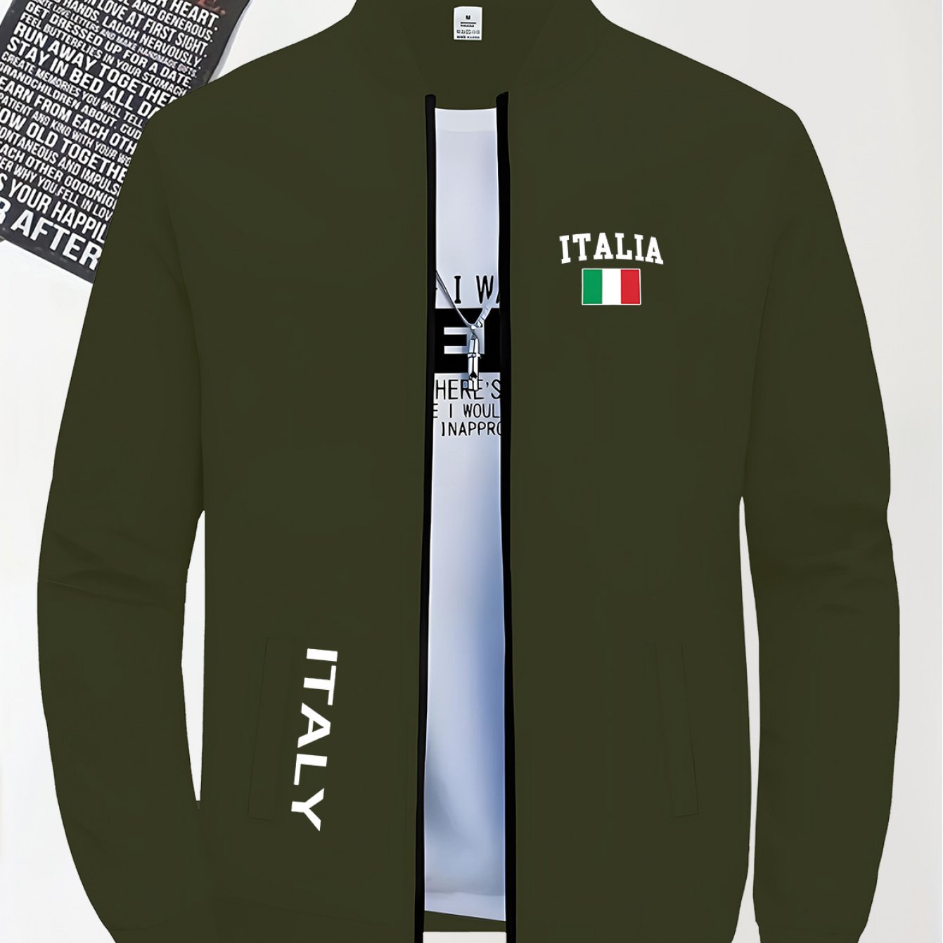TEMU Classic Pattern Printed Slim Casual Jacket - Light Zipper Stand Up Collar, Autumn And Winter Machine Washed Jacket, Casual , Fashionable Street