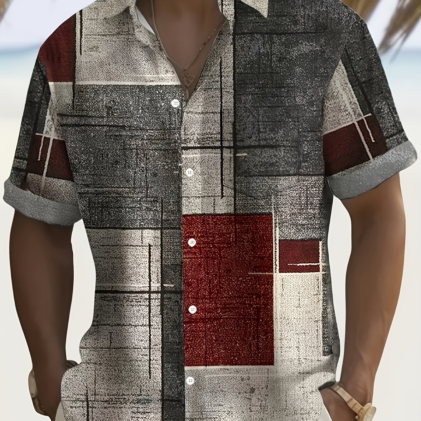 TEMU Men's Retro Geometric Print Shirt - 100% Polyester Lightweight 130gsm, Relaxed Fit Short Sleeve Aloha Top With Chest Pocket, Machine Washable
