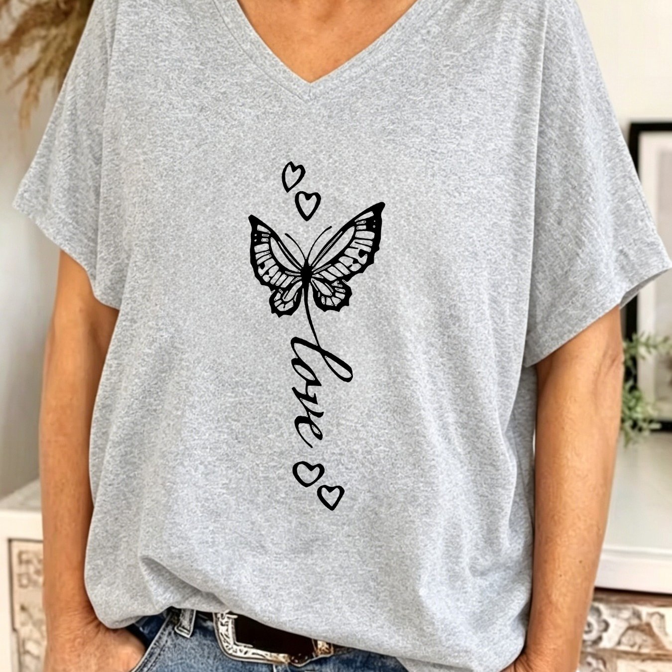 TEMU Plus Size, Plus Size - Summer Women's Plus Size Fashion V-neck Batwing Sleeve Top - Simple Letter T-shirt, Stretchy Machine Washable Versatile