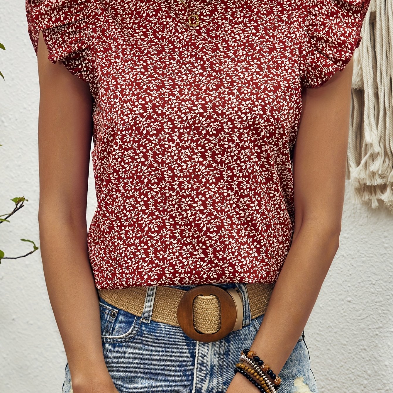 E-shop Blumenmuster Rundhalsausschnitt Bluse, Elegantes Rüschenärmel-Oberteil Für Frühling & Sommer, Damenbekleidung