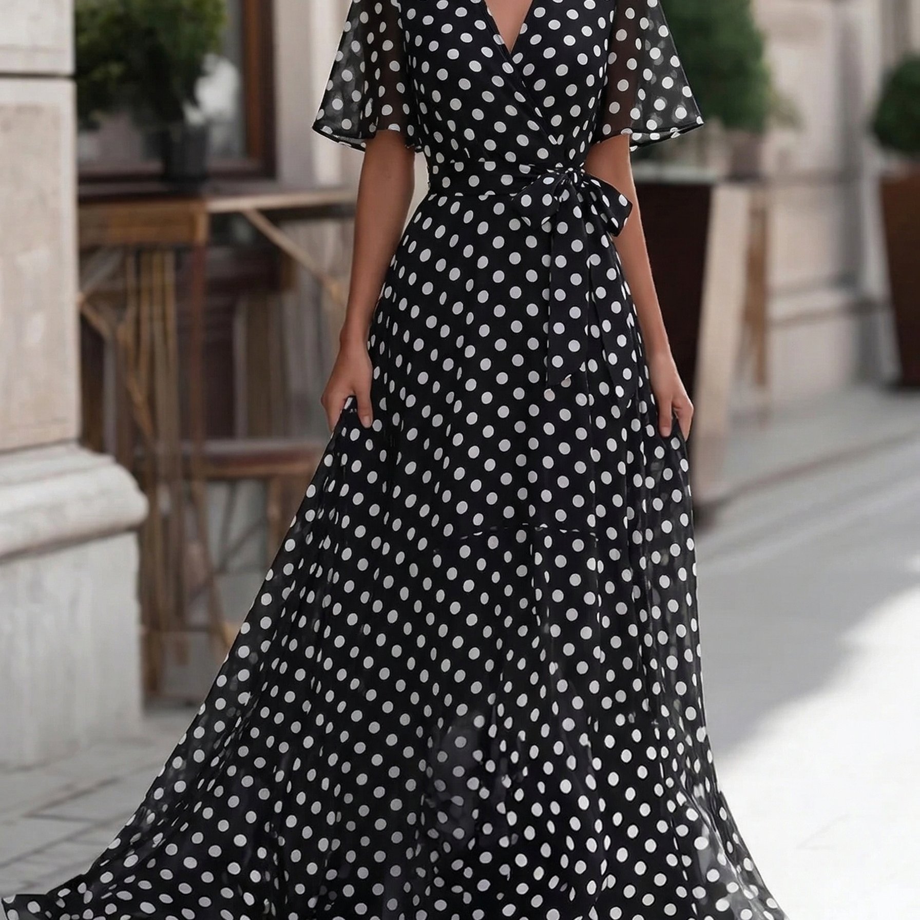 TEMU Plmm Spring Summer New Polka Dot Chiffon V-neck Long Dress Women's Dress