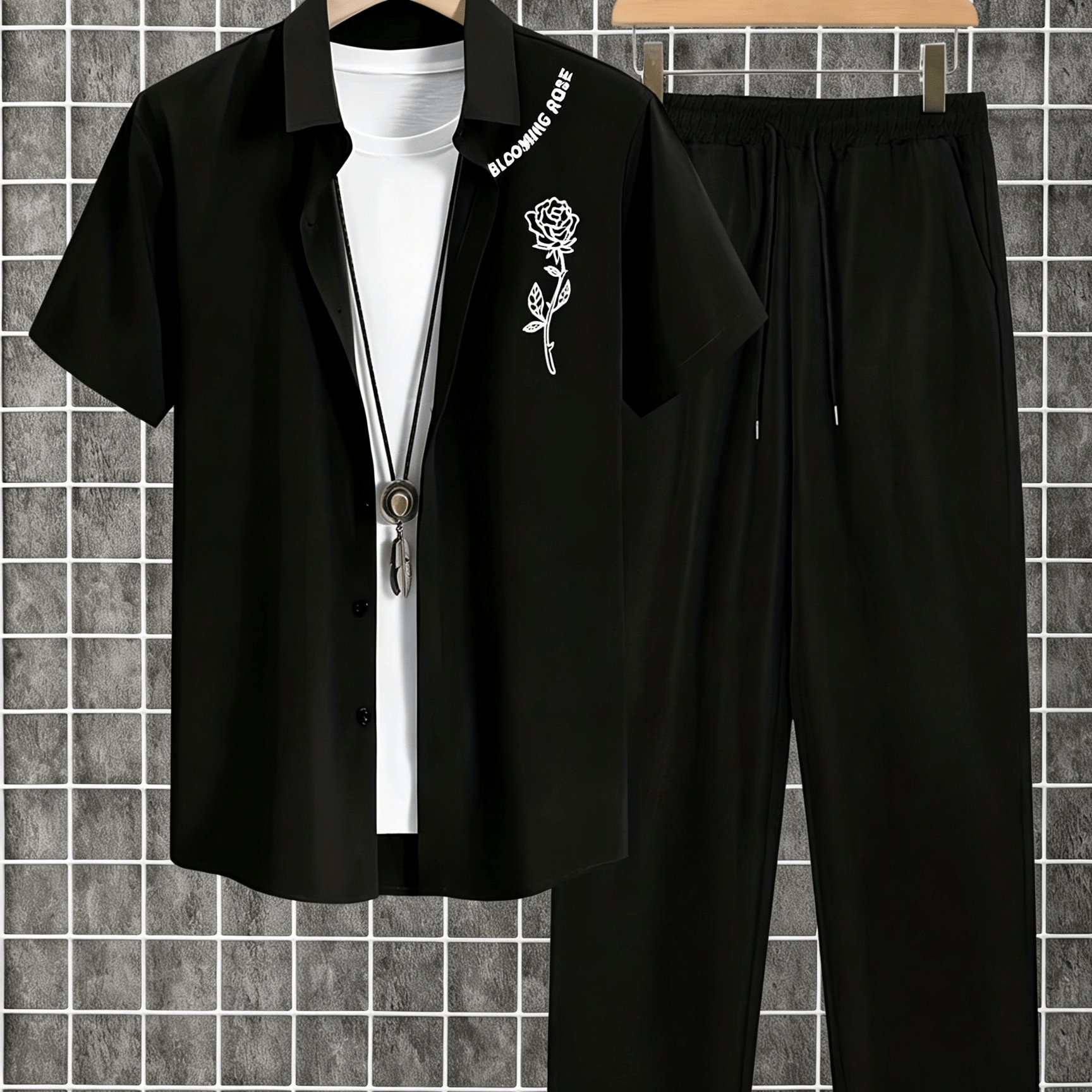 TEMU 2pcs Set Of Printed Men's Summer Short-sleeve Button-up Shirt And Trousers