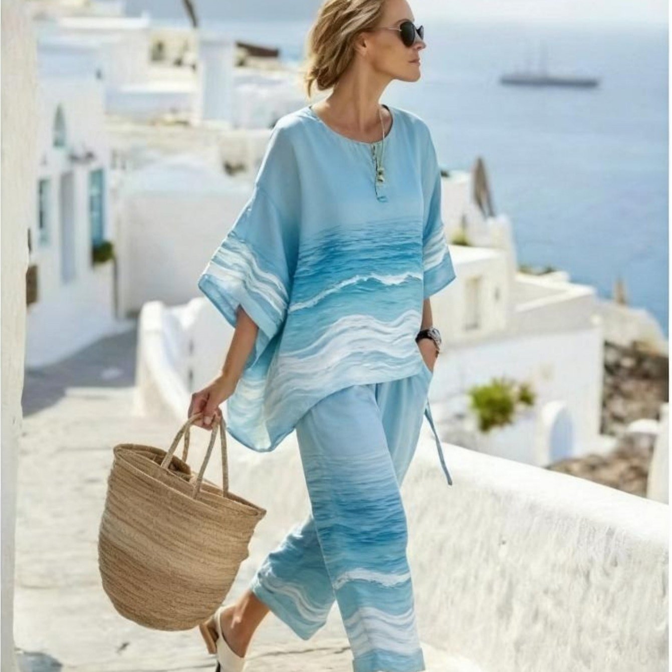 Image of Artistic Ocean Texture Short Sleeve& Long Pants Set, Minimalist Round Neck Batwing Sleeve& Draping Wide Leg Pants, Gentle Commuting Elegant Outfit