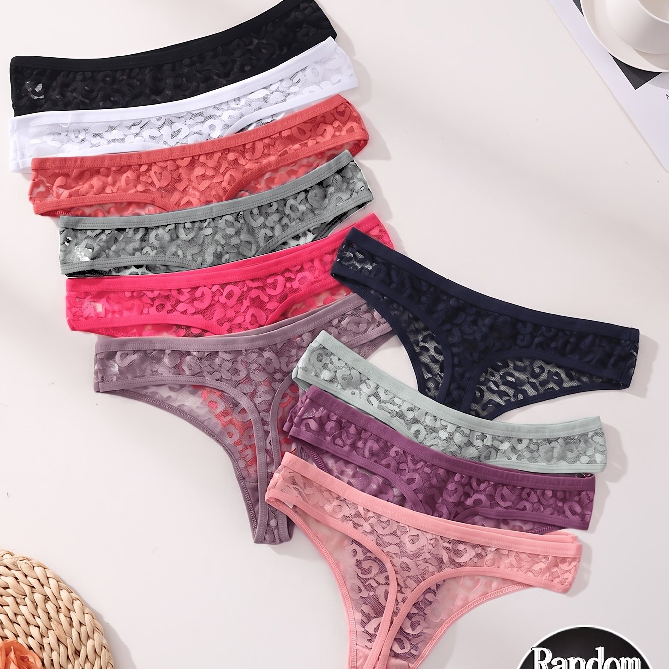 TEMU Random 10pcs Women's Thong, Mid-rise & High Elasticity, Transparent Lace Design, Sexy Lingerie, Breathable Mesh & Lace Splicing, New Style