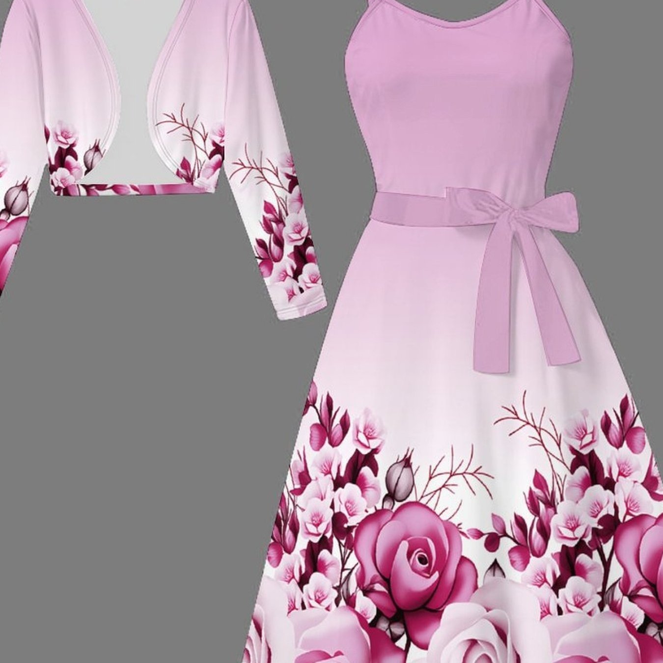 TEMU Directional Dyeing 's Numbered Set - Floral Tree Pattern Print Fashionable Vacation Elegant Casual Half-body Coat   Dress Set. Suitable For