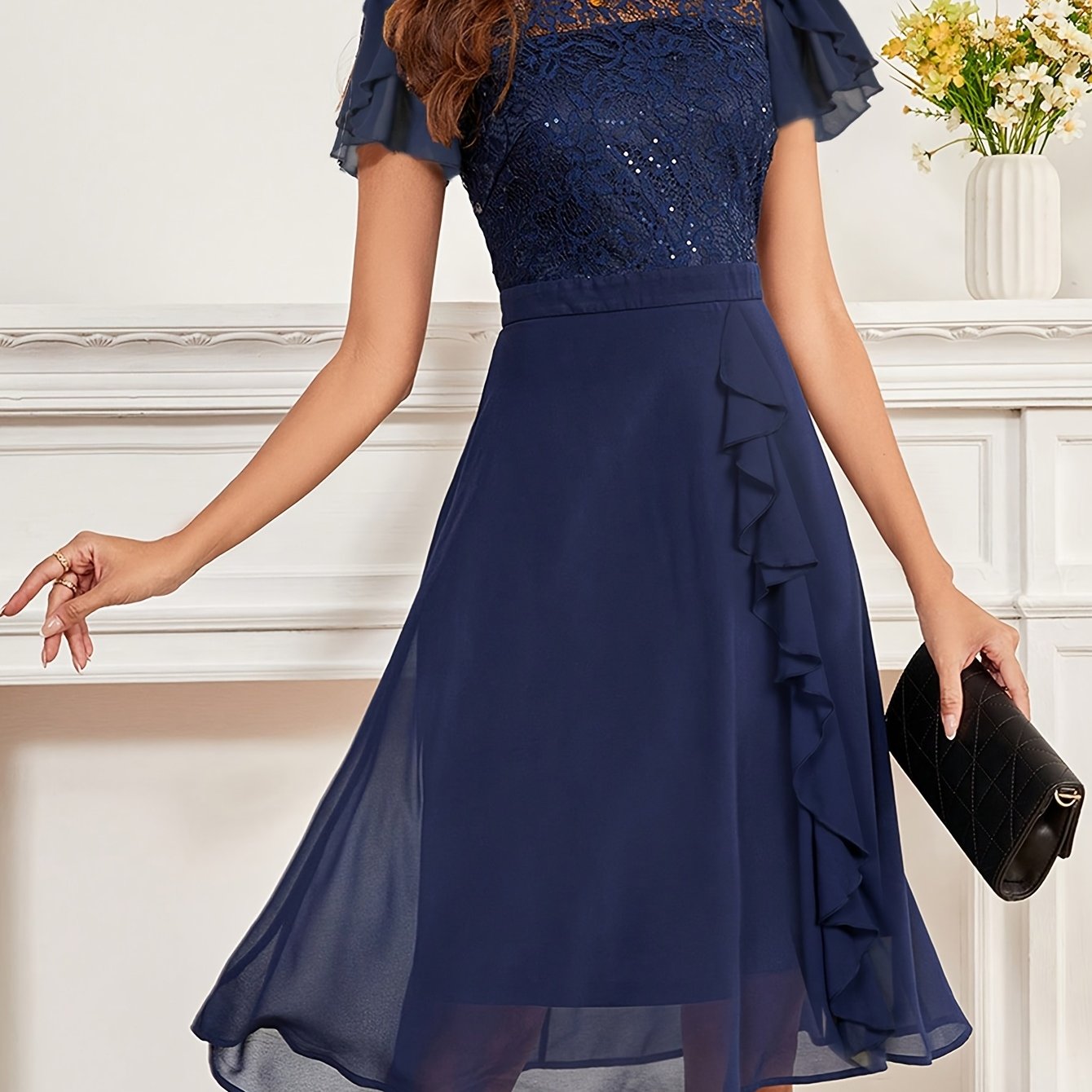 Women's Elegant A-line Midi Party Dress Sequin Lace Ruffle Sleeve Chiffon Formal Evening Bridesmaid Wedding Guest Gown