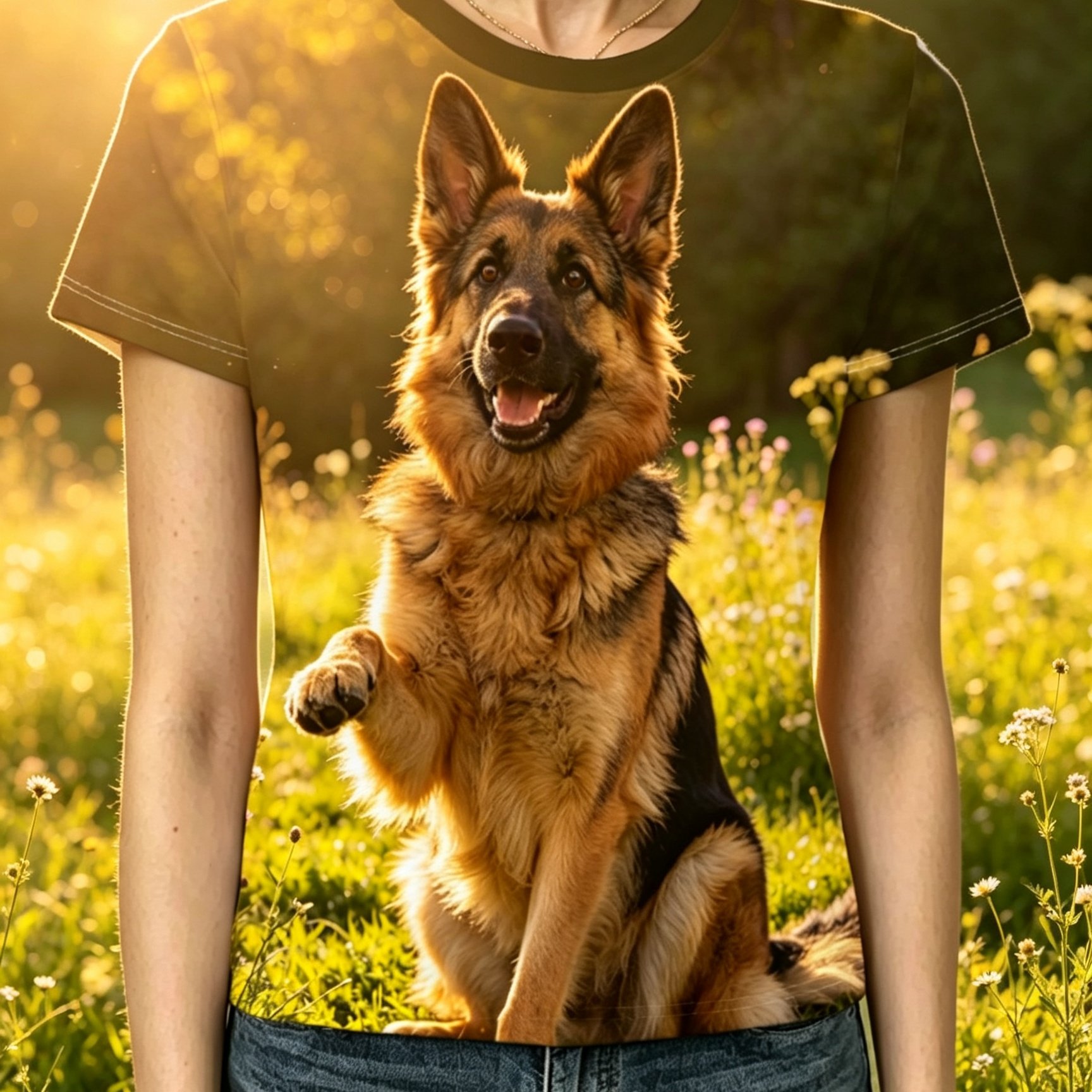 TEMU Women's German Shepherd Puppy T-shirt - Short Sleeve Round Neck Top With Waving Paw Print & , Casual Suitable For Daily Outfits, , Spring Summer