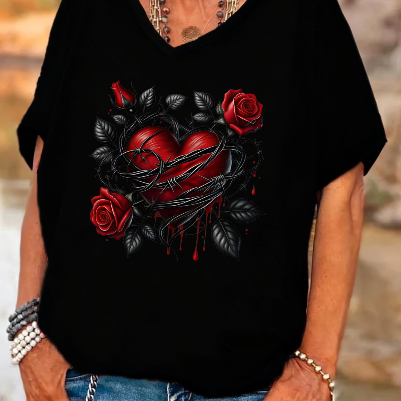 TEMU Plus Size, Gothic Style Women's V-neck Batwing Sleeves T-shirt Red Heart And Roses Summer For Wife Or Girlfriend