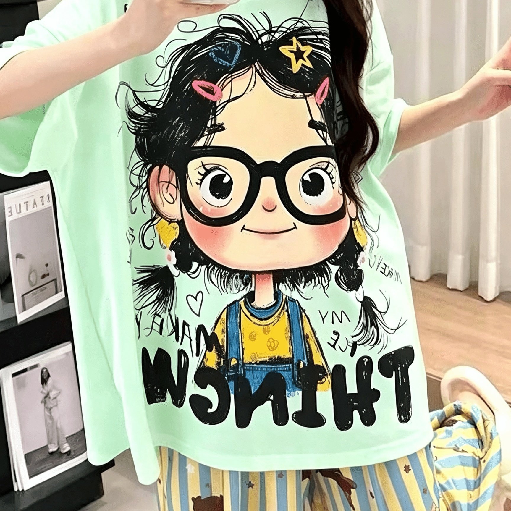 TEMU Plus Size - [printed Design-not Textured] Cartoon Loose Casual T-shirt For Women, Round Neck Short Sleeve Top, Wear, Fashionable Women's Tee