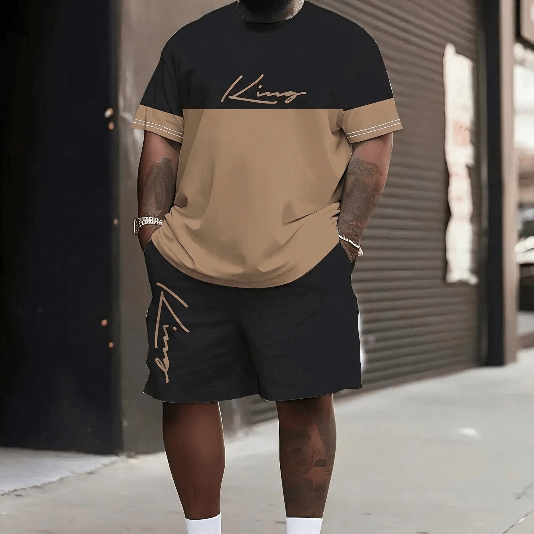 TEMU Big And Tall Men's 2026 Summer Eyelet Short-sleeve T-shirt And Shorts Two-piece Set With Pockets, Loose Set, Plus Size