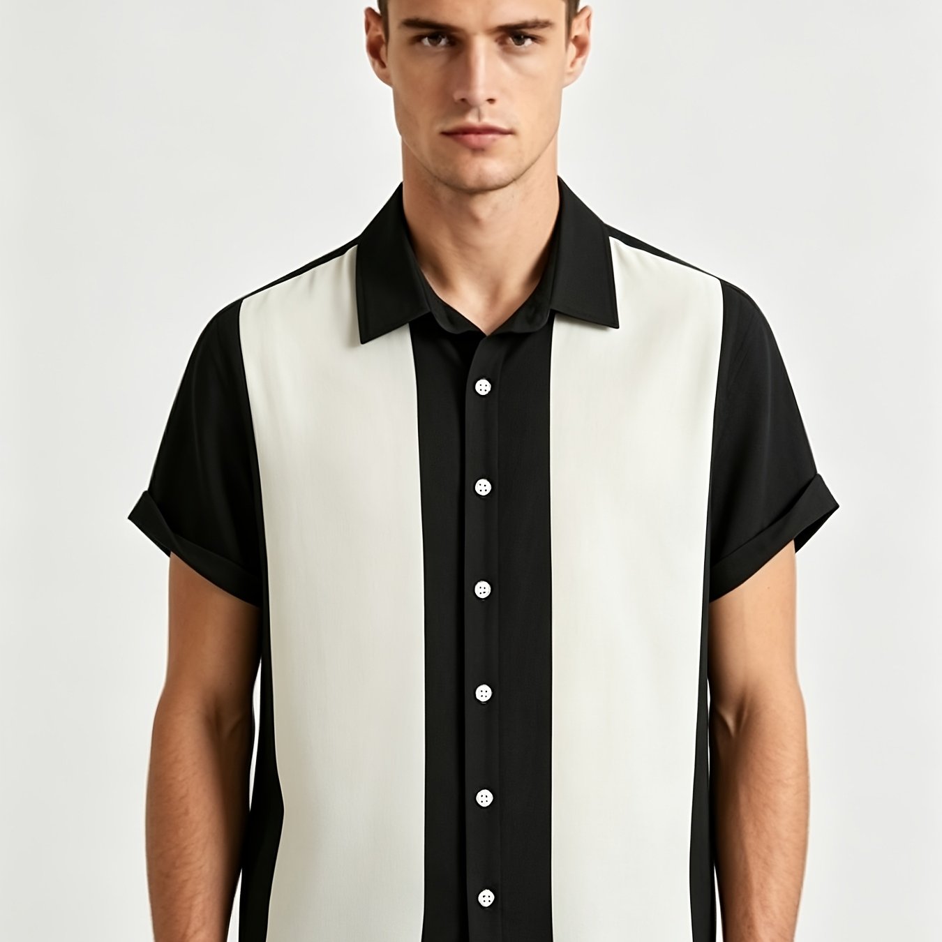 TEMU Men's 2026 New Short-sleeve Button- Shirt - Color-block Collar, Suitable For Daily Wear, Vacation & Holiday Outfits, Machine Washable Classic