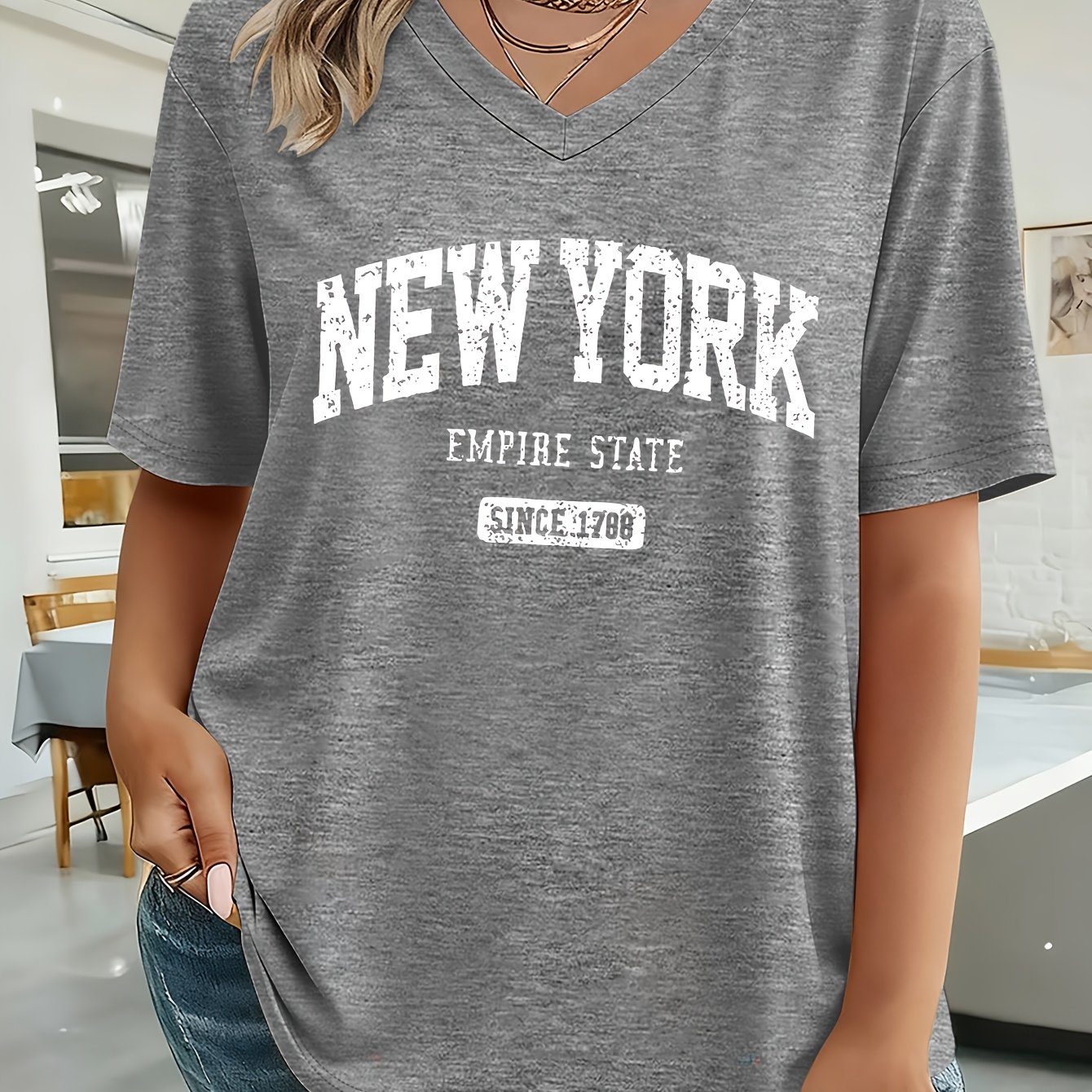 TEMU Plus Size Women's Oversize Vintage Distressed Letter Print V-neck Short Sleeve T-shirt, American Preppy Style Loose Top, Spring Summer Fall