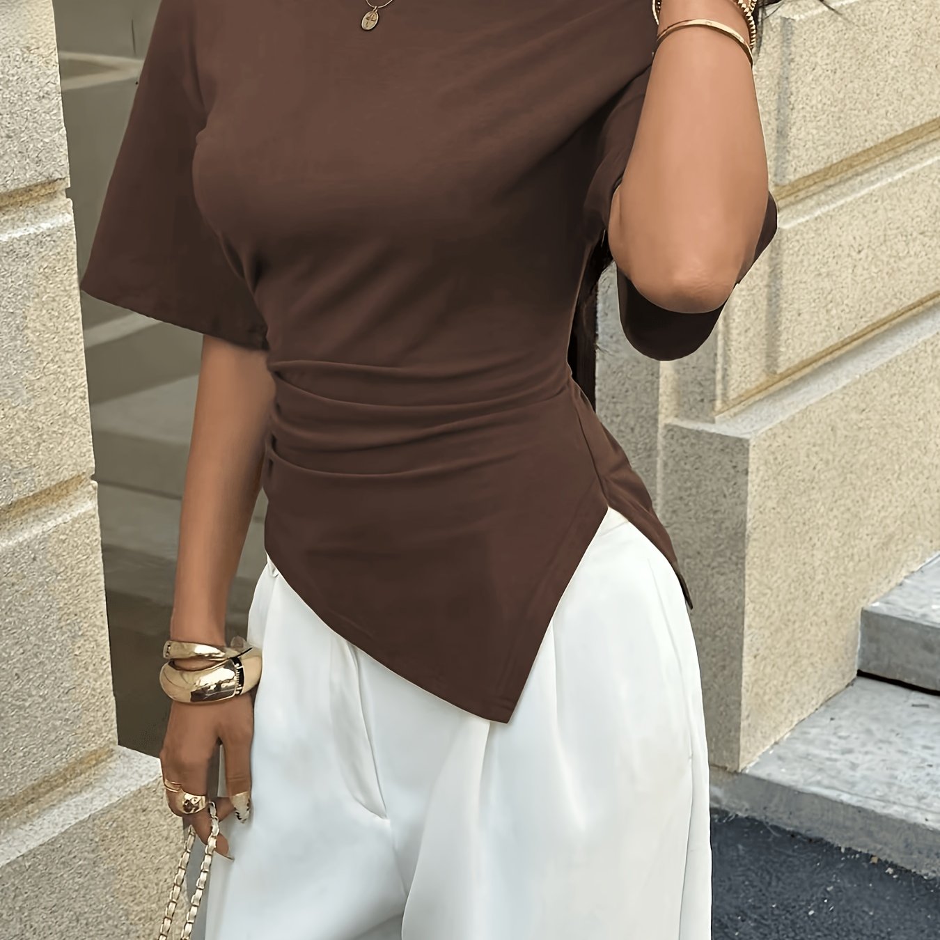 TEMU Women's Casual Summer T-shirt, Round Neck Mid-waist Irregular Hem Versatile Commuter Style Women's Top, Round Neck Short Sleeve Design, Waist