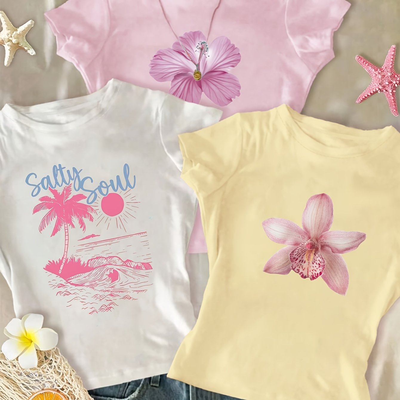 TEMU Pack de Hauts Décontractés Ajustées pour Femmes avec Imprimé Créeur Fleurs Lily, Pétales Roses et Palmiers Été Américain Girlie Polyvalent