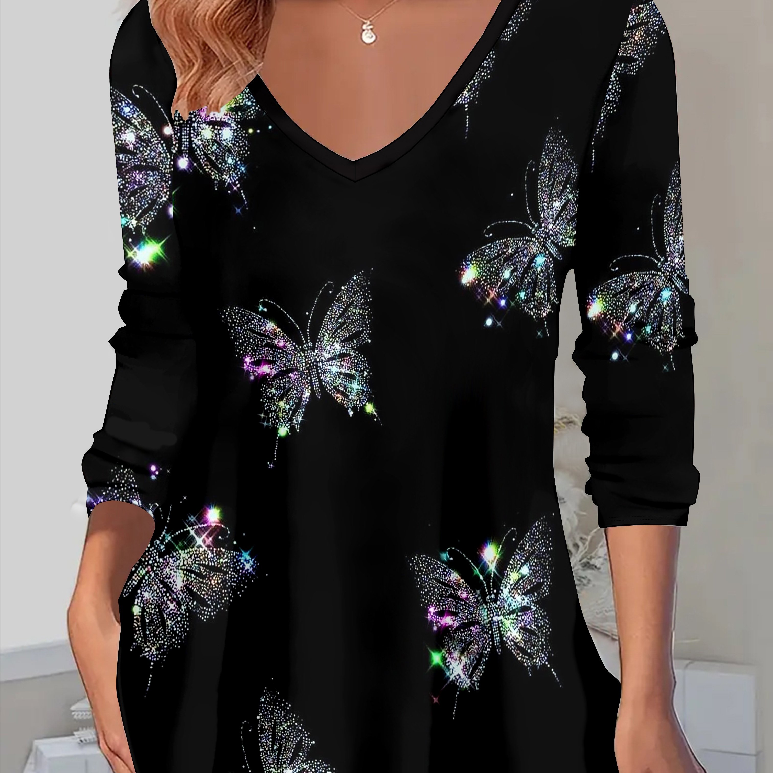 TEMU Plus Size, Women's Fashion Casual Autumn/winter V-neck Print V-neck Long-sleeve T-shirt Top, Christmas Long-sleeve T-shirt Top, Casual