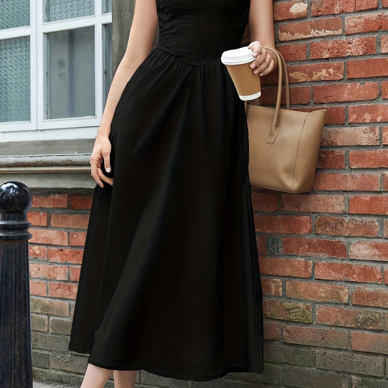 TEMU Robe Femme Manches à Taille Cintrée en Patchwork Noir