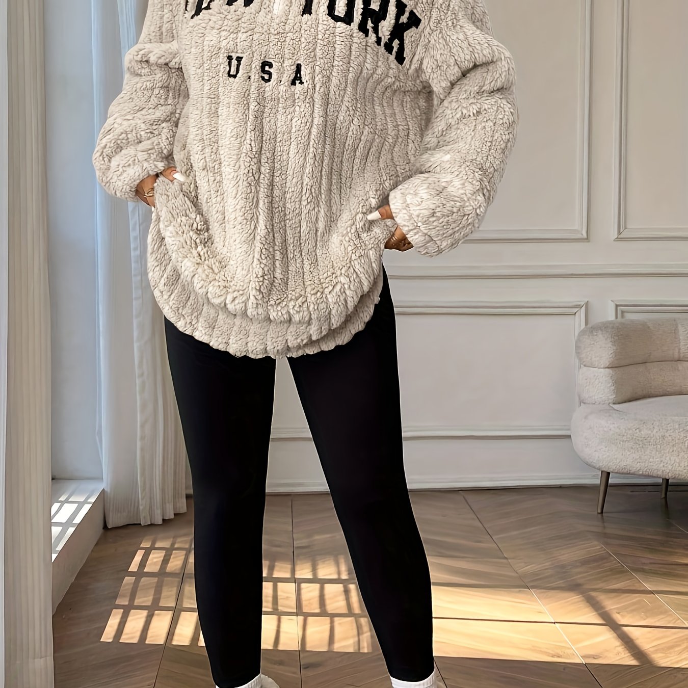 Plus Size - Letter Embroidery Thickened Pullover Half-zip Sweatshirt Jacket