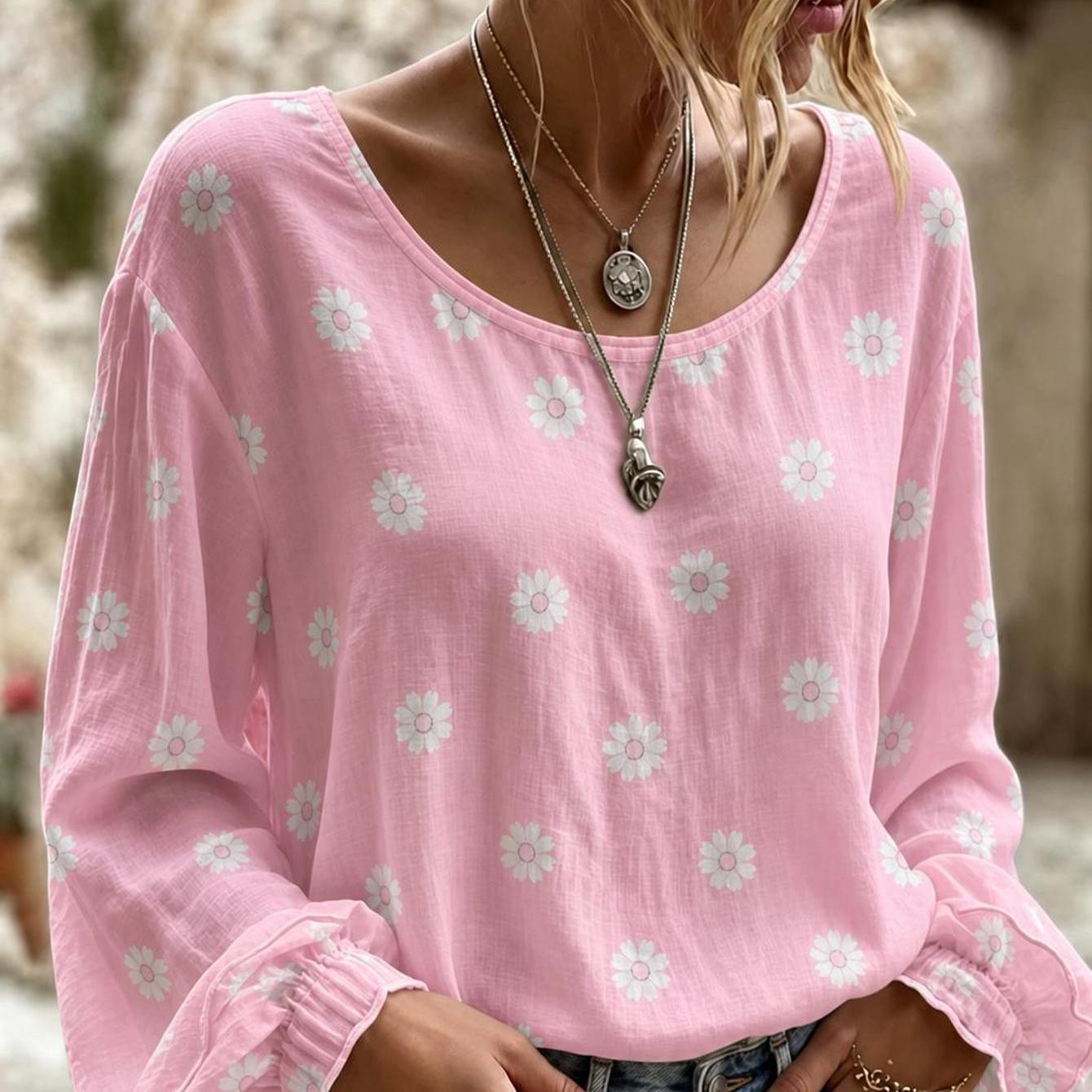 Plus Size Women's Boho Full Printed Shirt White Lace Trim Long Sleeve Print Long Sleeve Blouse Boho Chic Casual Top For Women Loose Casual For Layering, Jeans & Leggings, For Summer Outfit T-shirt