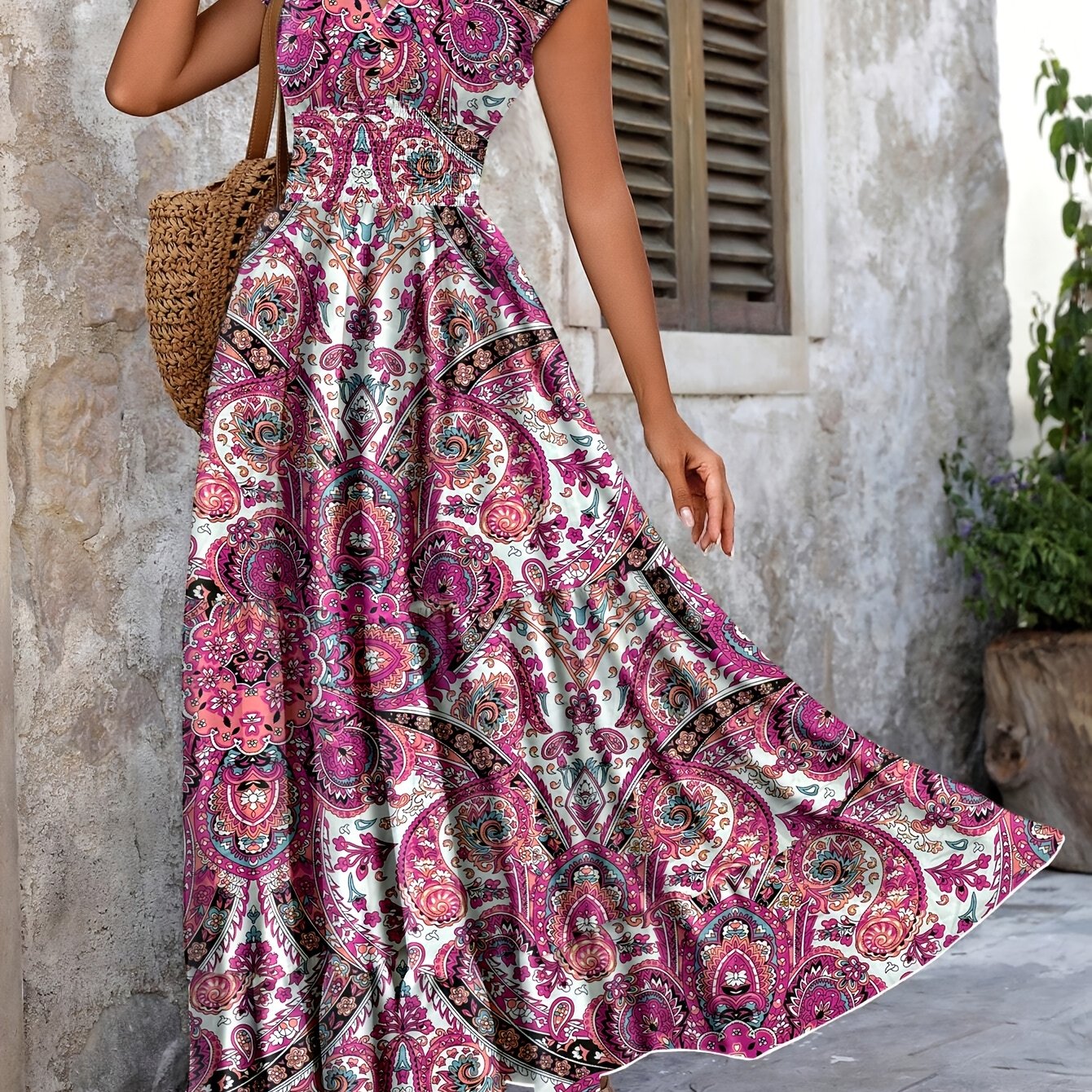 TEMU Women's Spring/summer European Style Paisley Print Short Sleeve V-neck Maxi Dress