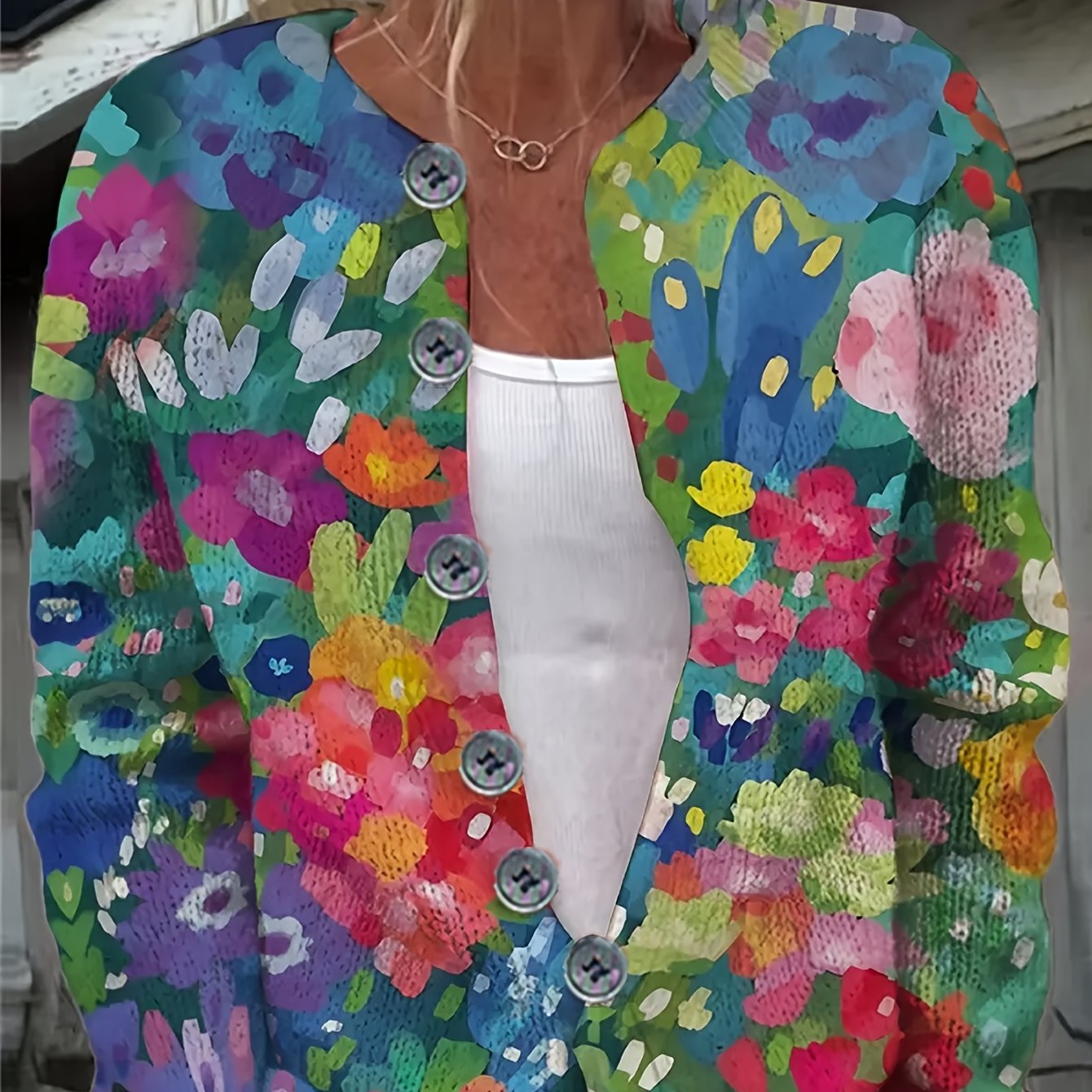 TEMU Women's Long Sleeve Floral Print Cardigan - Elegant Front Button Design, Vibrant Watercolor Floral Pattern, Casual Fashion Style, Lightweight