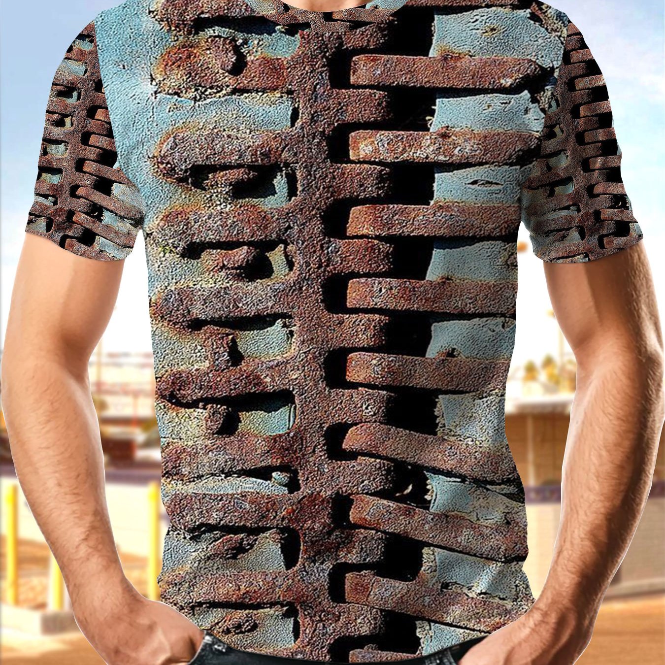 TEMU Men's Short Sleeve Polyester T-shirt With Unique Rusty Metal Texture Print, Casual Crew Neck Tee, Breathable Lightweight Top For Daily Wear,