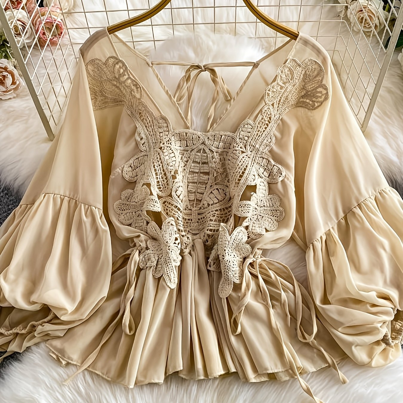 TEMU Haut élégant vintage de style français pour femme avec patchwork de dentelle, col en V, manches lanternes et volants, coupe 7201