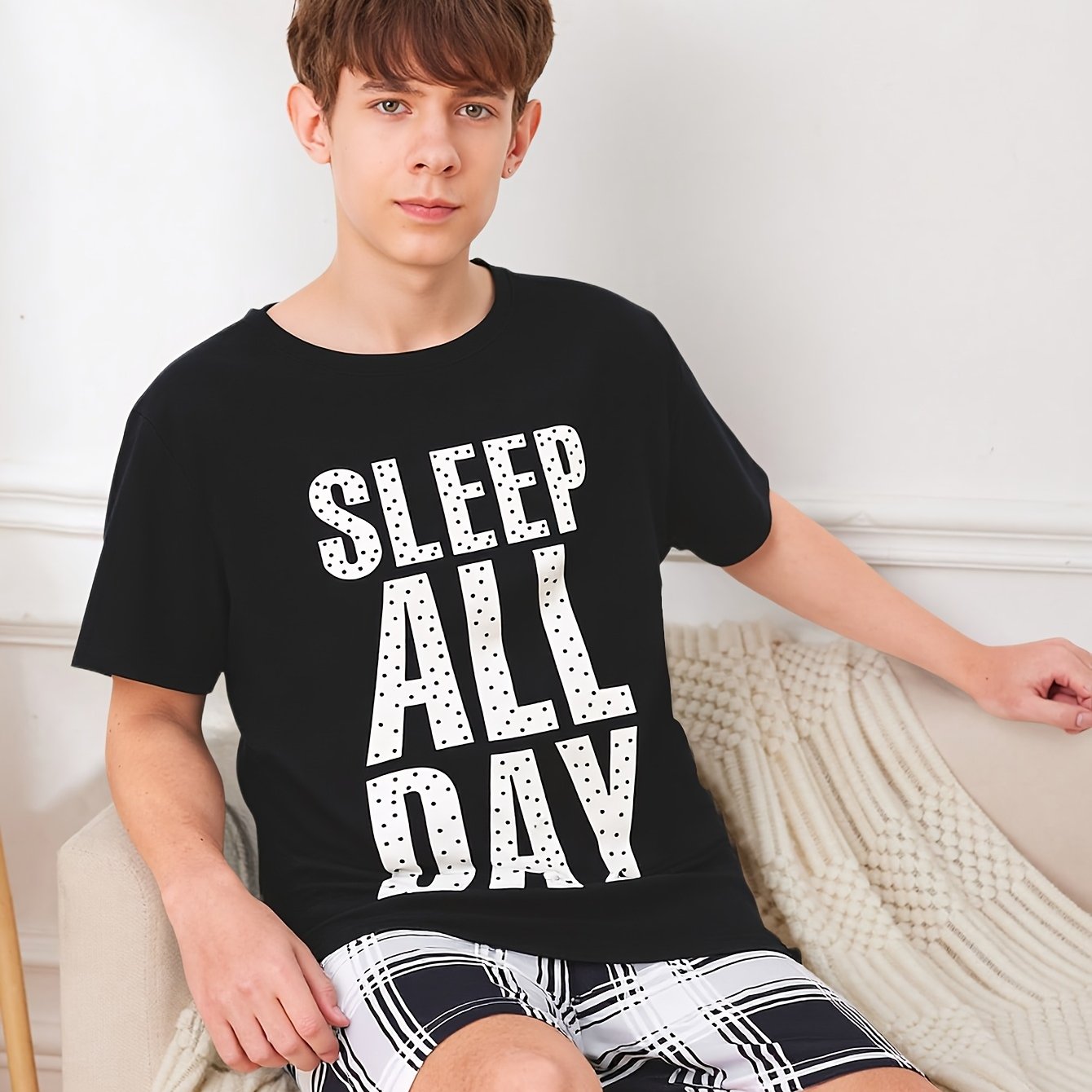 Image of Back-to- 2pcs Set For Teen: Loose--size Cool Letter Print Spring/summer/autumn Short-sleeve Shorts Pajama Loungewear Set. Soft, Comfortable, And Breathable Material. Ideal For Gifting, For Teenager