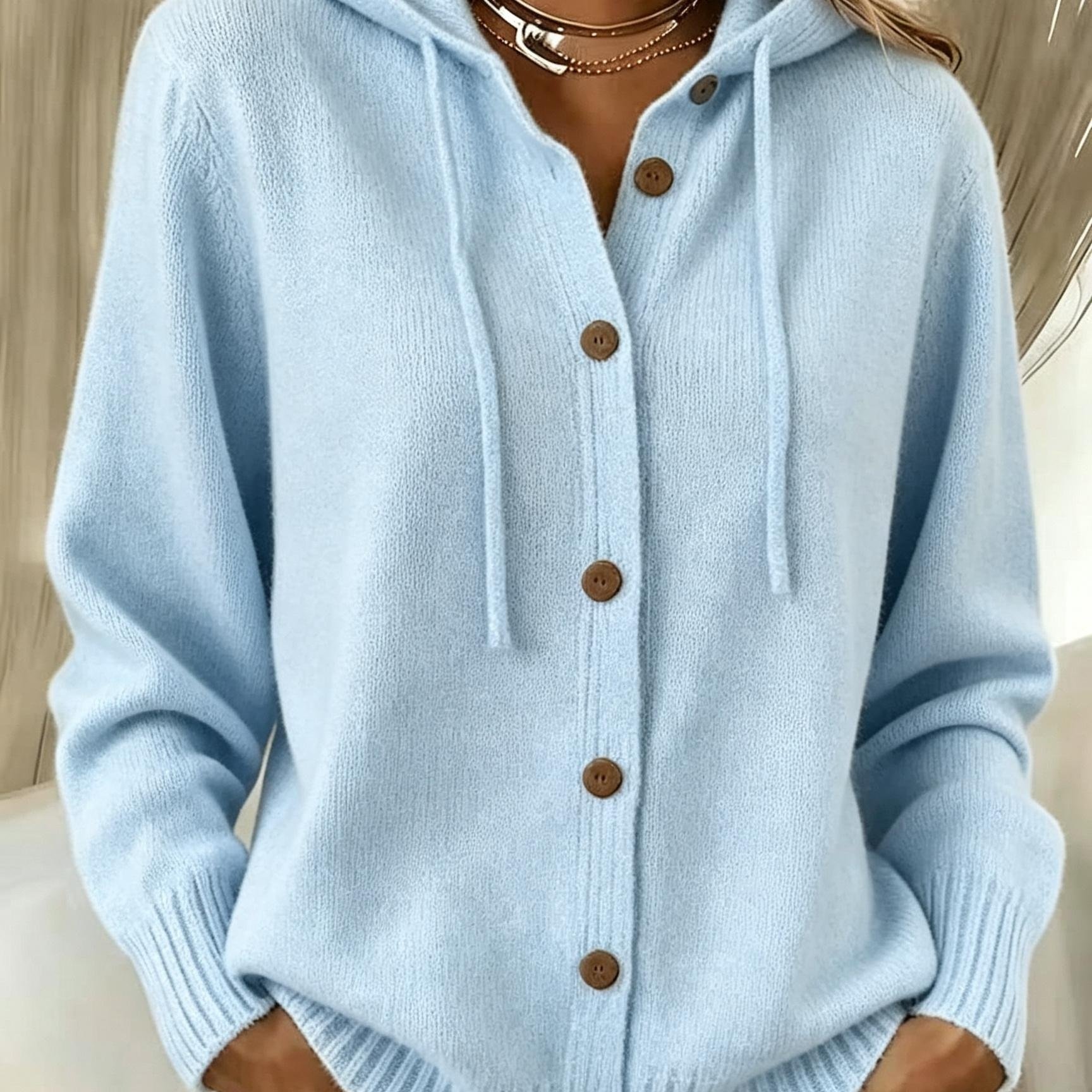 TEMU New Women's Elegant Cardigan For Autumn Winter, Drawstring Hooded Design, Open Front Button-up Cardigan, Elegant Comfortable -friendly, Women's