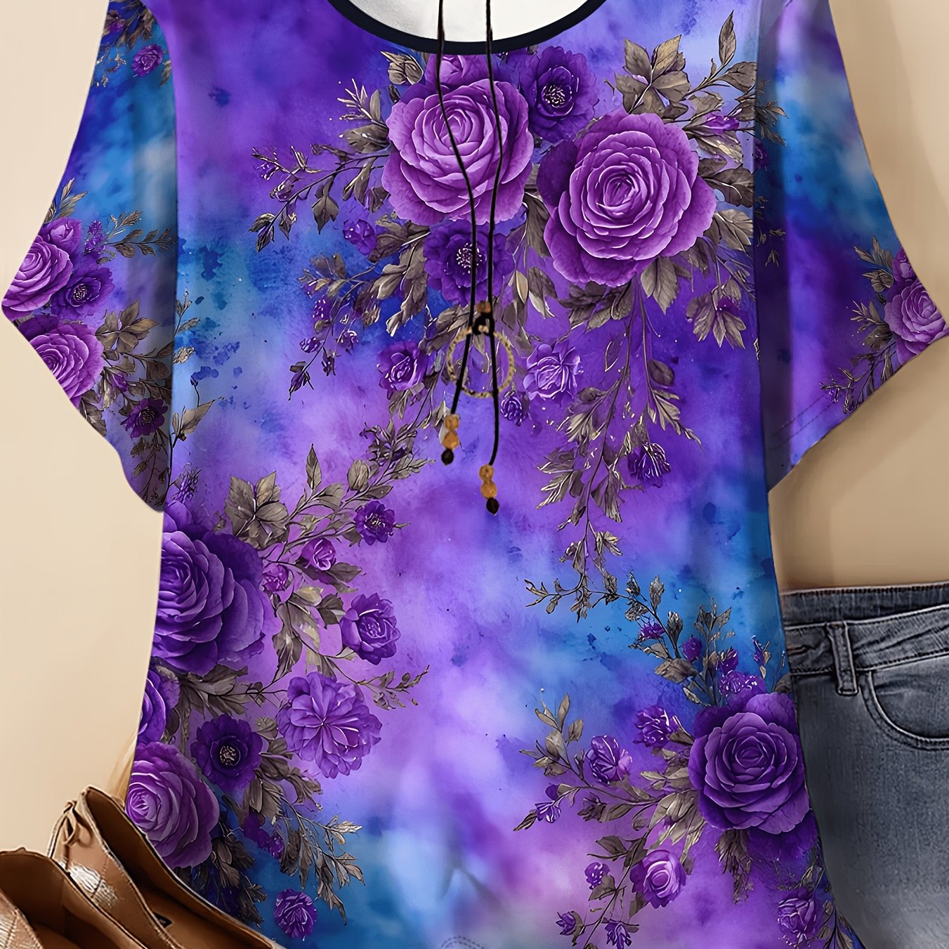 TEMU Plus Size Women's Round Neck Short Sleeve T-shirt, Purple Blue Gradient Watercolor Rose Print, Loose Comfortable Casual All-match, Suitable For
