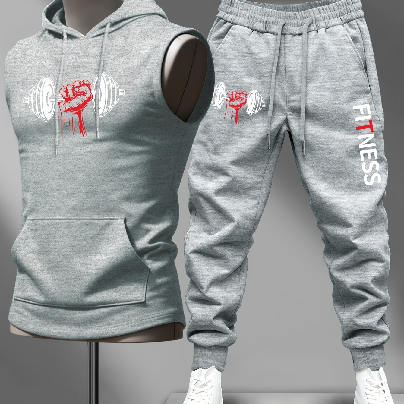 TEMU Men's Casual Gym Hoodie And Pants Set | Fitness Themed Equipment Print, Personalized Slogan Decoration, Side Print Detail, Easy Style, Stretch