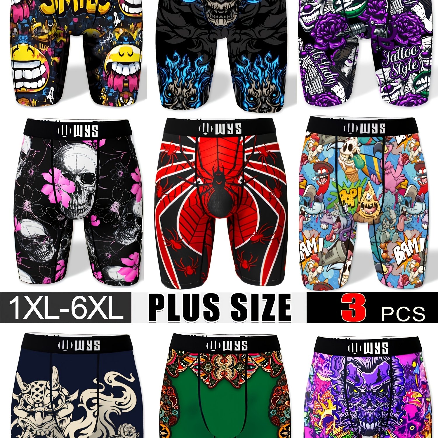TEMU Plus Size Random 3pcs Set, Men's Plus Size Long Boxer Briefs, Halloween, Valentine's Day, Christmas, Gift For Boyfriend, 5xl, 6xl, Placement