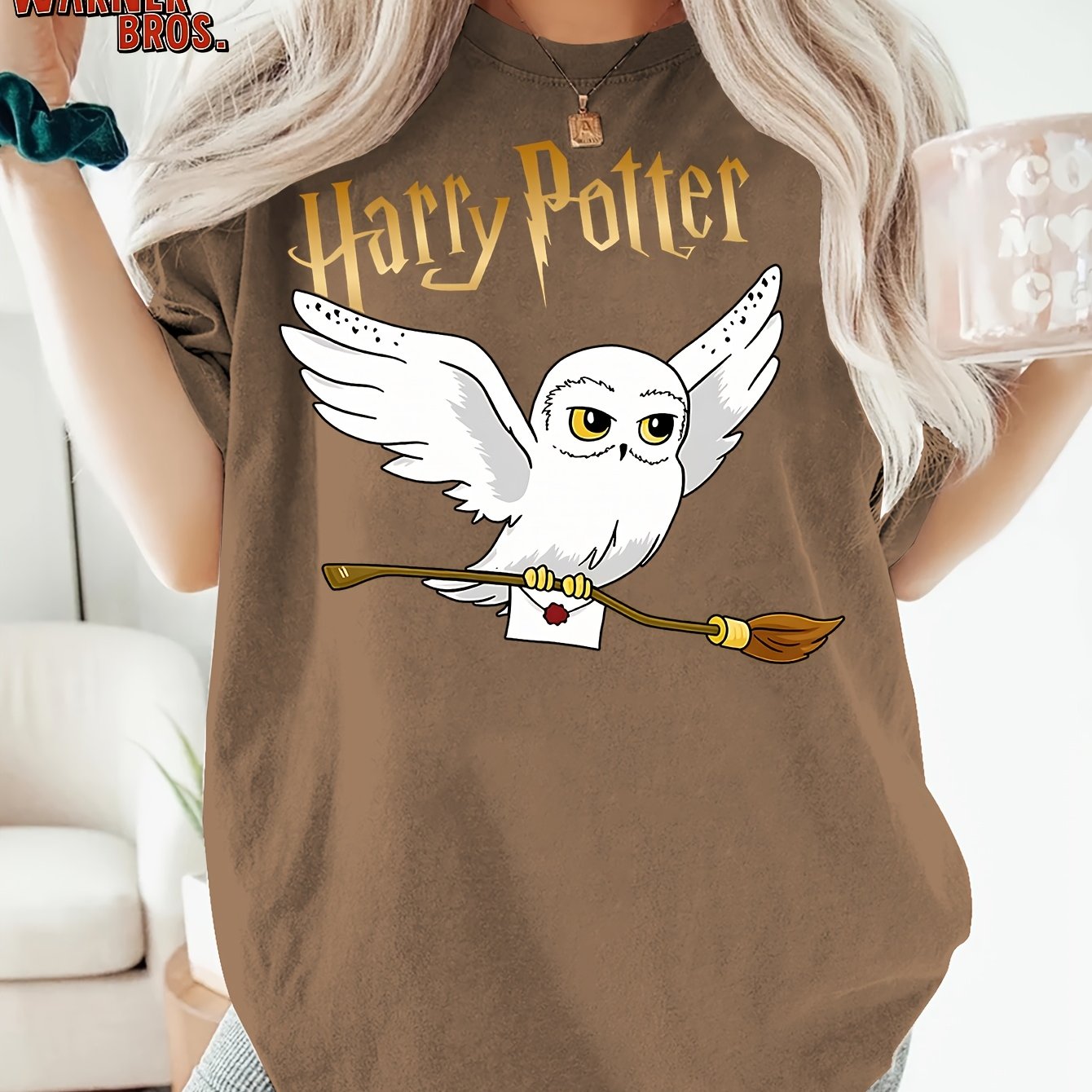 TEMU Women's Summer T-shirt, Retro Cartoon Style Harry Potter Hedwig Owl Letter Print Round Neck Short Sleeve T-shirt, 90s Classic Movie Warner .,