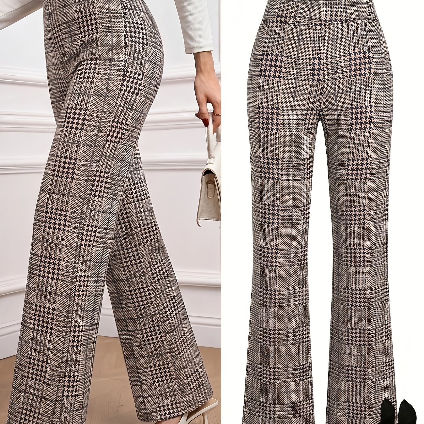 TEMU Classic Plaid Printed Elastic Pants For Women, Summer Elegant Unique Office Business Casual All-match, Suitable For Winter And Autumn Daily