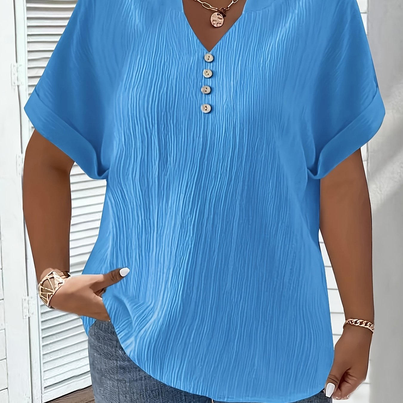 E-shop Plus Size - Plus Size - Plus Size Damen Einfarbige V-Ausschnitt Kurzarm Oberteil