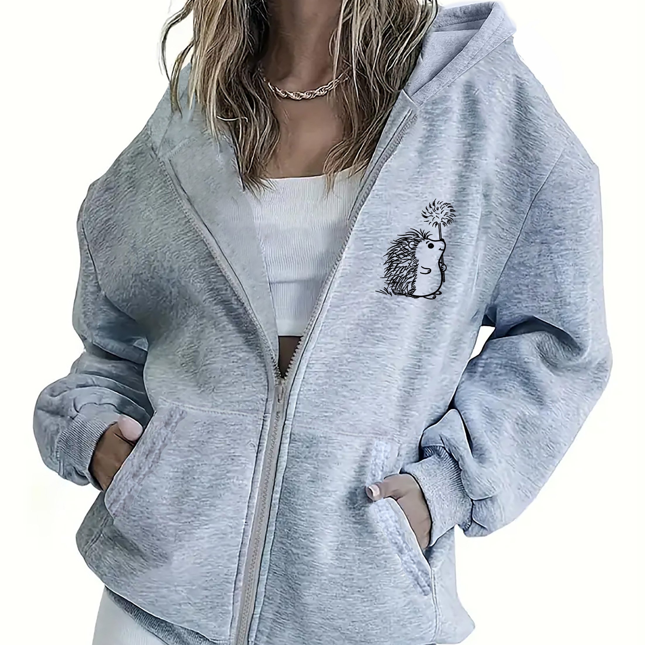 TEMU Un sweat à capuche zippé confortable et tendance avec un motif de hérisson de dessin , à manches longues et à fermeture éclair intégrale - une