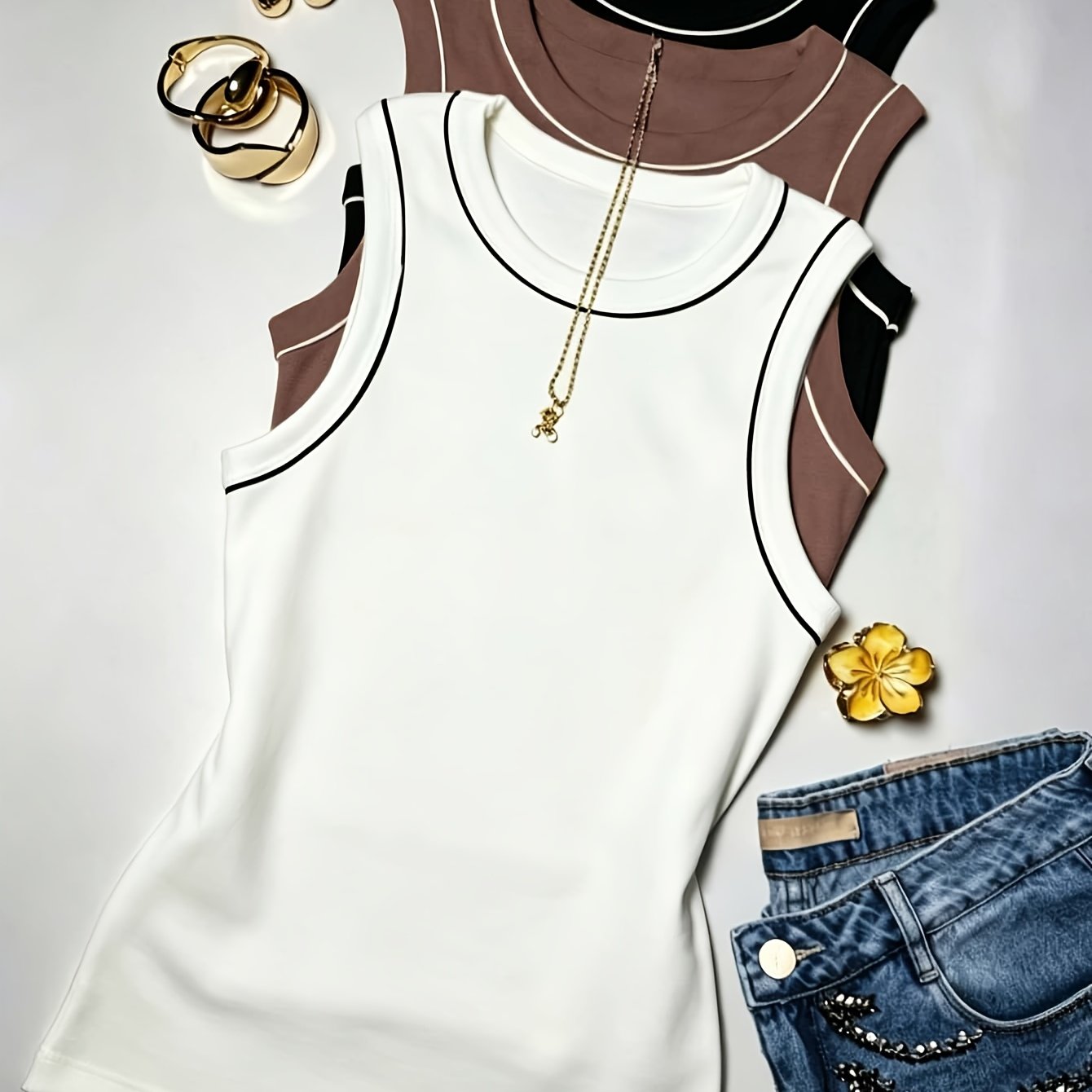 TEMU Women's 3pcs Set White/coffee/black Color- Round Neck Sleeveless Vest High-elastic Slim- Top Women's Summer Dating Comfortable, Skin-friendly,