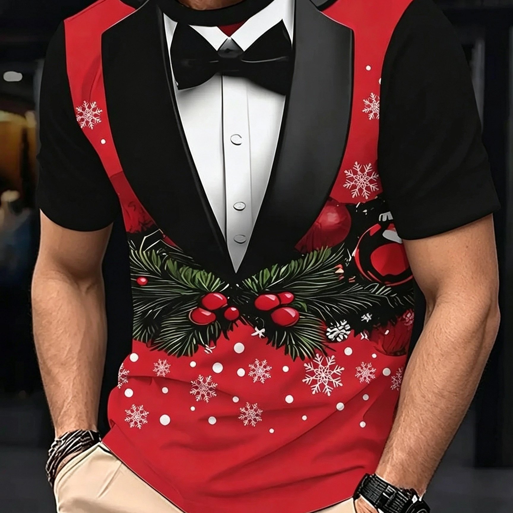 TEMU Christmas Dress Bow Creative Print Short Sleeve T-shirt Men's Individual Styling Top