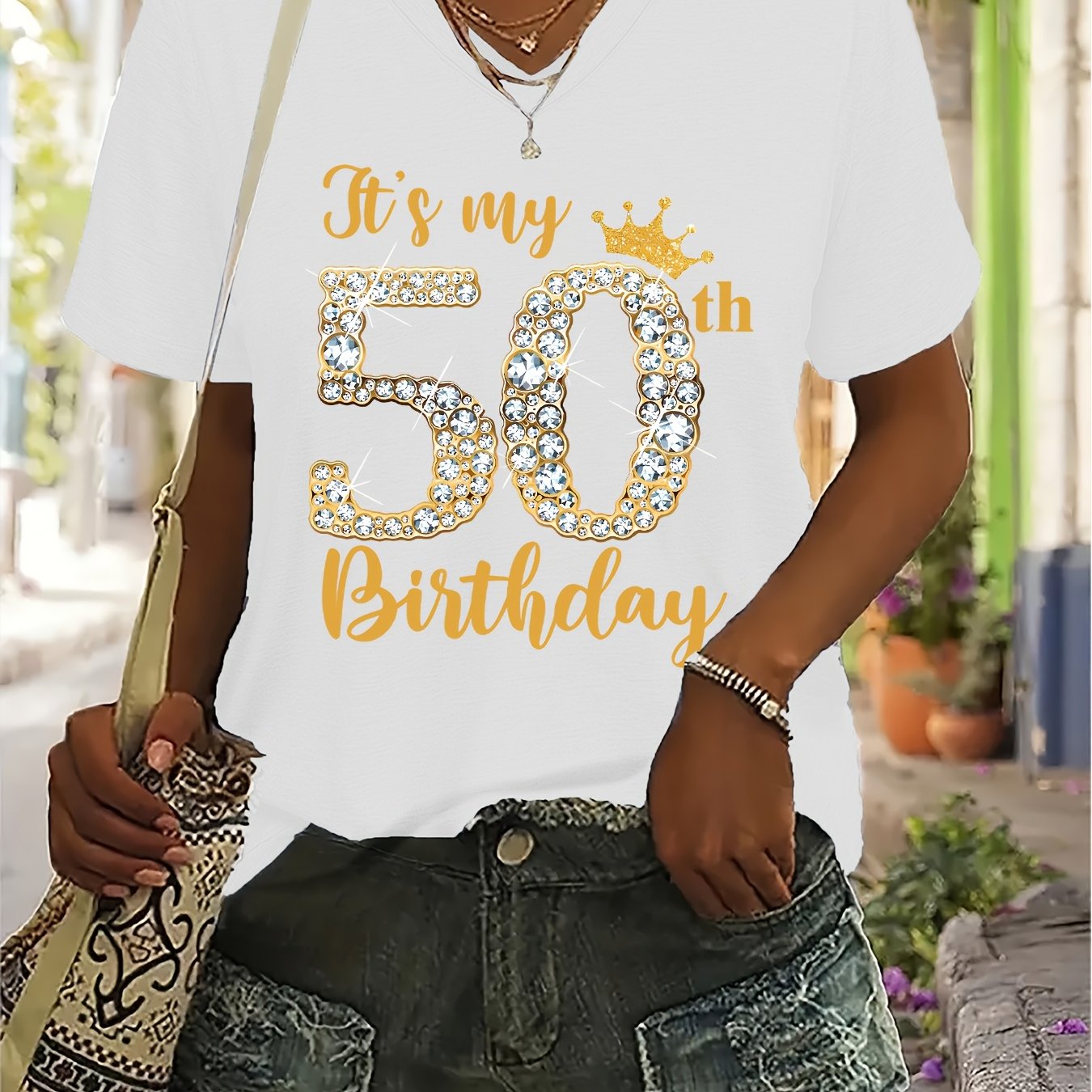 TEMU Casual Women's V-neck Short-sleeve T-shirt With Rhinestones For A 50th Birthday, Featuring A Crown Decoration For A Unique Party Top