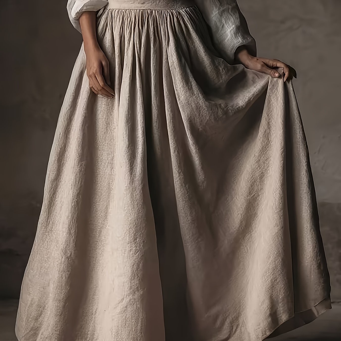 TEMU Women' Beige High-waist -line Maxi Skirt - Vintage Flared With Smock Waist, Loose-fitting Breathable Skirt Suitable For Daily Wear, Picnic,