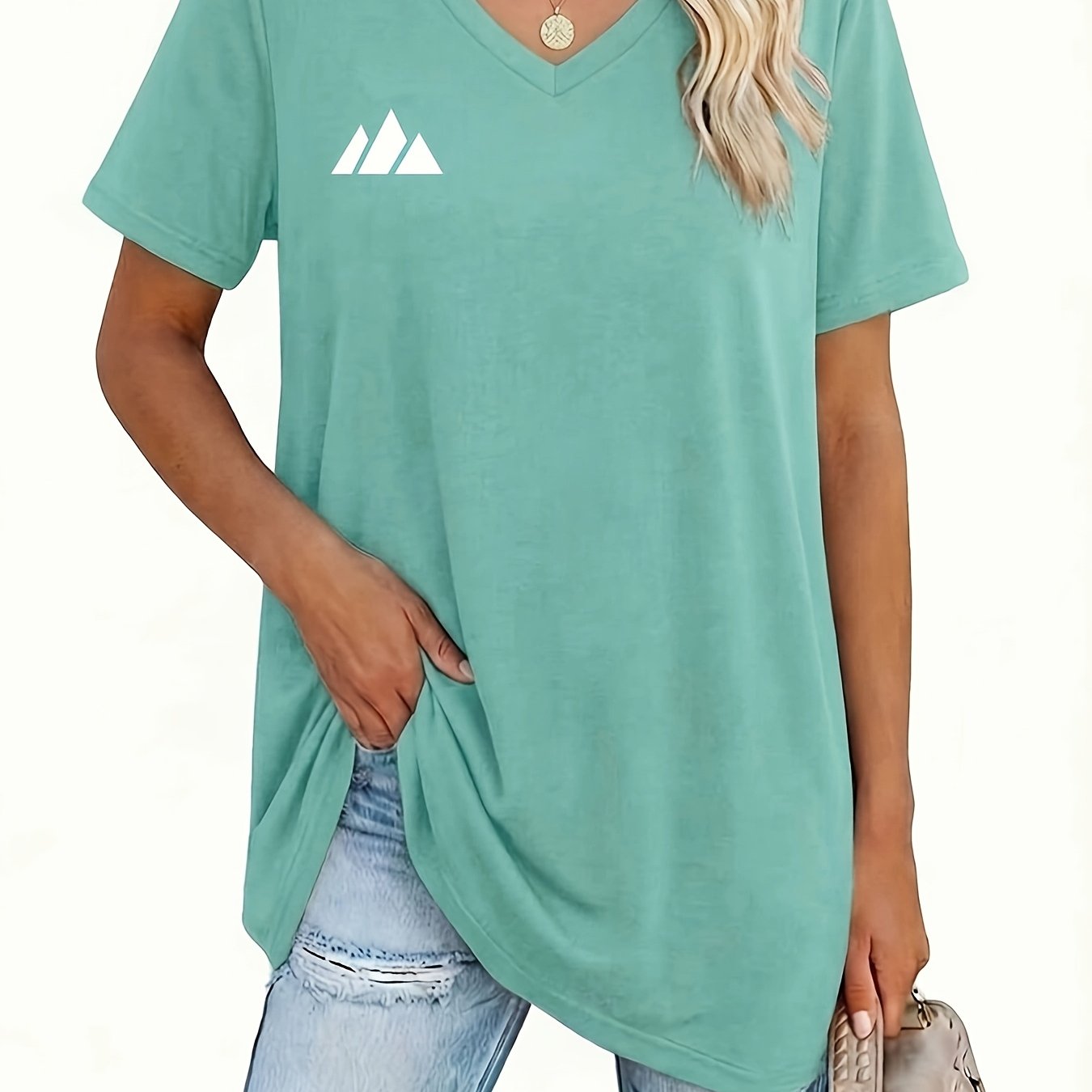TEMU Plus Size, Plus-size Women's V-neck T-shirt - Solid Color & Geometric Patterns Suitable For Spring/summer, Non- -compatible , Machine Washable