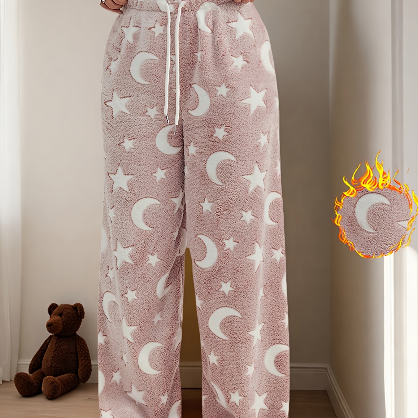 TEMU Women's Autumn- Wide Leg Velvet Pants | Comfortable Star And Heart Pattern, Drawstring Waist, Thick Velvet Lining, Long Length, Machine Washable