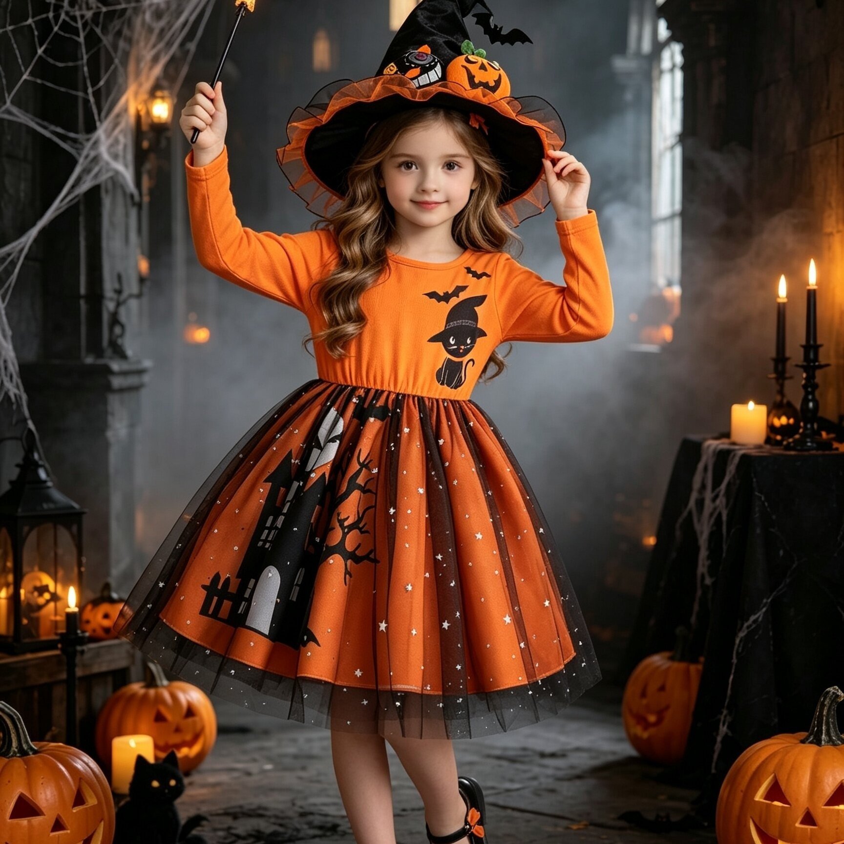 Image of Girls' Halloween Orange Round Neck Straight Tube Long Sleeved Knee Length Black Mesh Cartoon Children's Dress Suitable For Daily Wear During Holidays, Vacation Performances, Etc