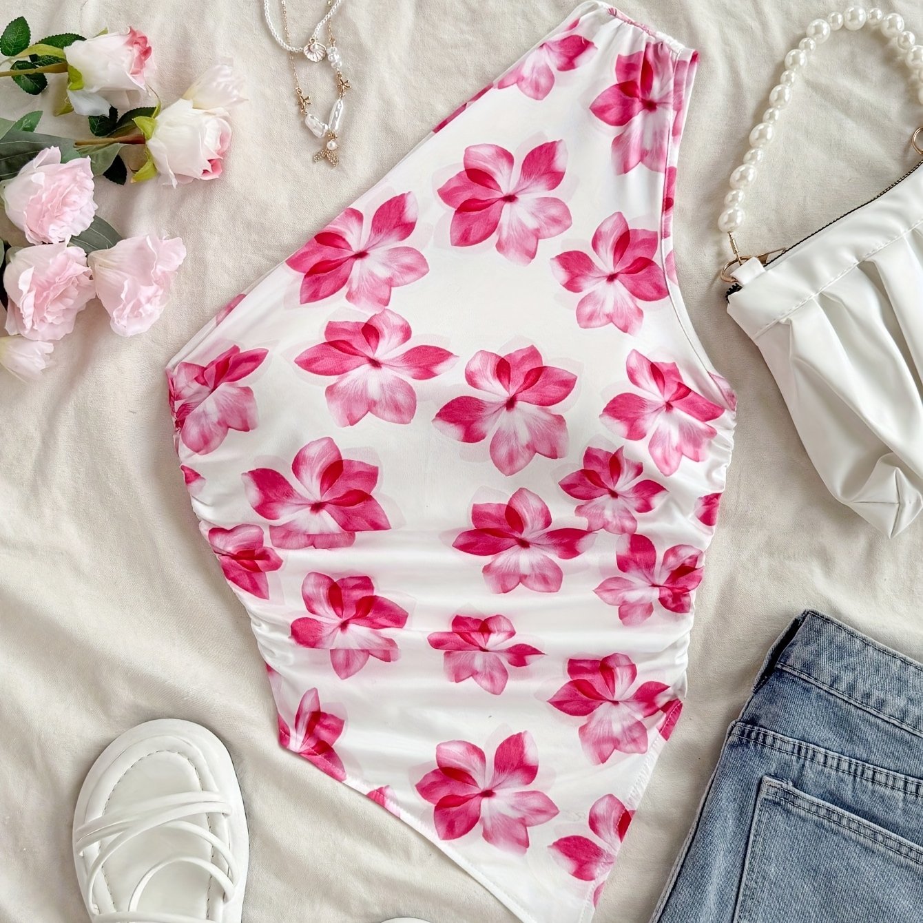 Women's Vacation Floral Print Asymmetrical Short Top With Hem And 1 Shoulder Design