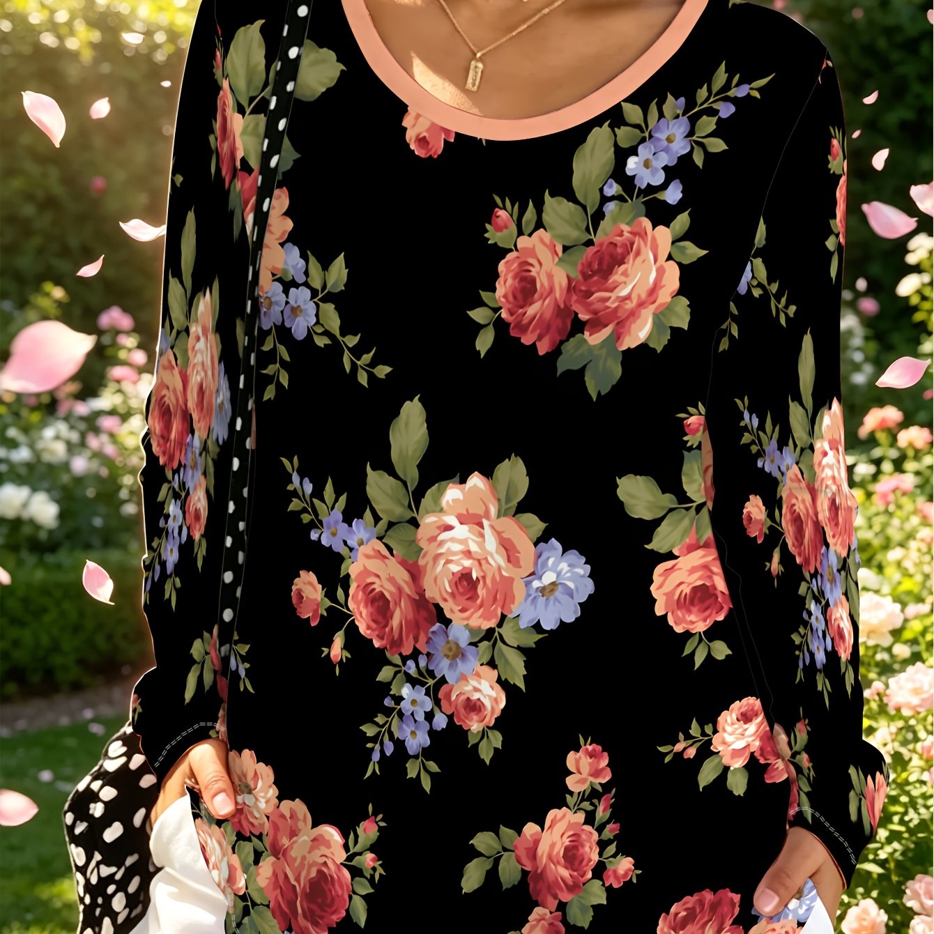 TEMU Plus Size Casual Women's Black Rose Print Long Sleeve Top, Women's Loose Round Neck Pullover Sweater, Spring Summer Women's Clothing